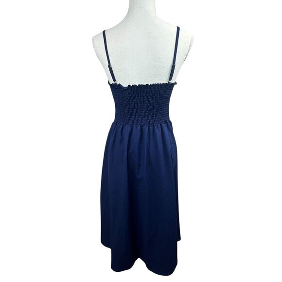 Yidarton Navy Blue Tie Front Summer Tank Midi Dress Size M Smocked Back - Picture 9 of 14